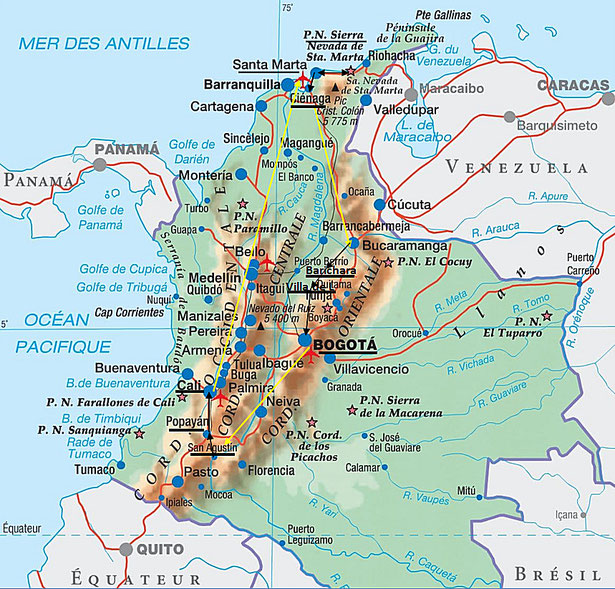 Colombie : itinéraire du 20 février au 9 mars 2024 avec en jaune les 3 vols intérieurs