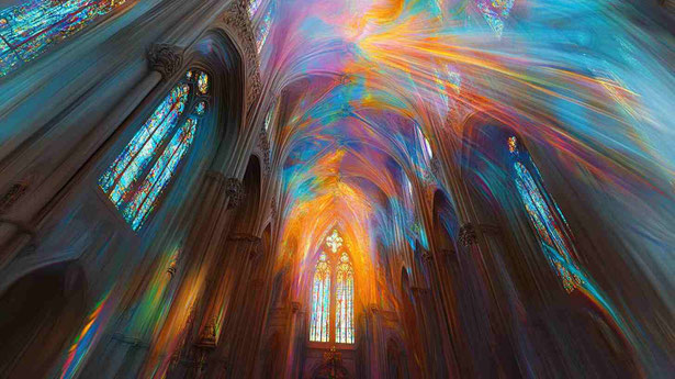 Eine wunderschöne Kathedrale mit Buntglasfenstern, Regenbogenlichtstrahlen an der Decke und komplizierten Details. Hyperrealistische Fotografie