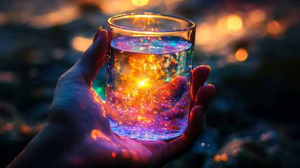 Eine Hand hält ein beleuchtetes Glas Wasser hoch, in dem kleine Lichter leuchten, bunt und wunderschön, mit einem magischen, leuchtenden Licht.
