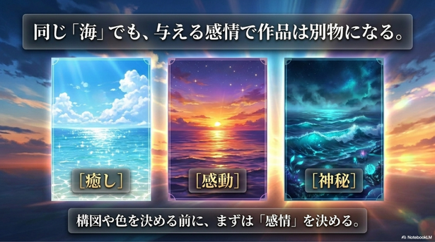 私は作品制作時にまず感情を決めてから構図や色を決めています。