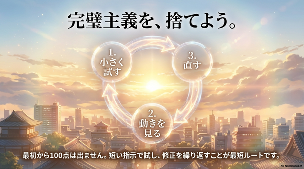 最後に、  これから始める方におすすめしたいのは、  「完璧を狙いすぎない」  ことです。    AI動画は、  小さく試す ↓ 動きを見る ↓ 直す  この流れのほうが圧倒的に上達しやすいです。