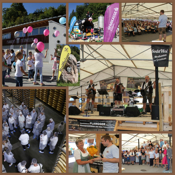 Bildercollage: kinder mit Luftballons, Kinder in einer Hüpfburg, Gruppenfoto der prämierten Landwirte, Ehrung der Felsenkeller-Patin, Live-Musik und Rede im Festzelt