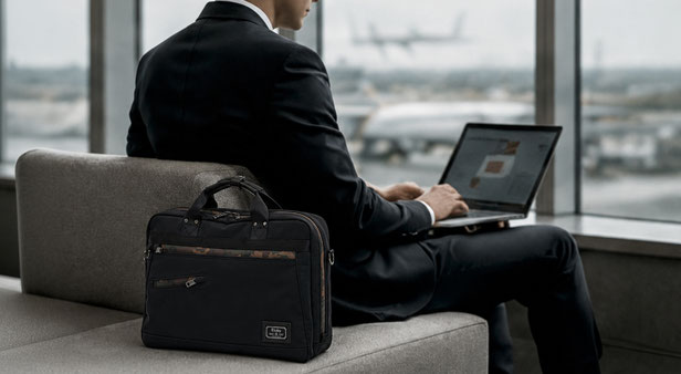 ノートPCを使うビジネスパーソンとETUBYビジネスバッグ。「守ること」をコンセプトにしたETUBY Journalのイメージ。