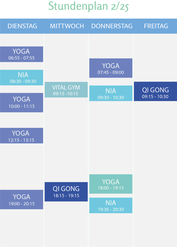 Stundenplan Yoga, Qi Gong, Nia und VitalGYM in Liestal