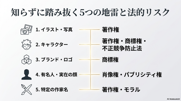 AIアートを公開・販売を考える場合、次のようなプロンプトは避けた方が安全です。