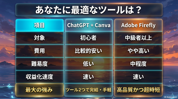 ChatGPT・Canva・FireflyAIツール比較表