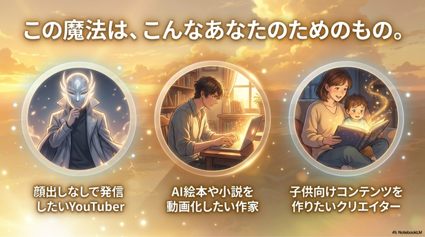 特に向いていると感じたのは、  ・AIアニメを作りたい人 ・YouTube副業を始めたい人 ・AI絵本を動画化したい人 ・子供向けコンテンツを作りたい人 ・顔出しなしで発信したい人