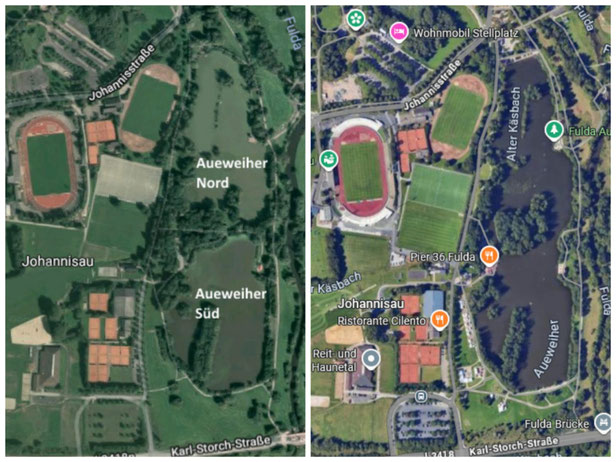 Der Aueweiher vor und nach dem Durchbruch. Luftaufnahmen aus dem Jahr 2018 (links) und 2025 (rechts).