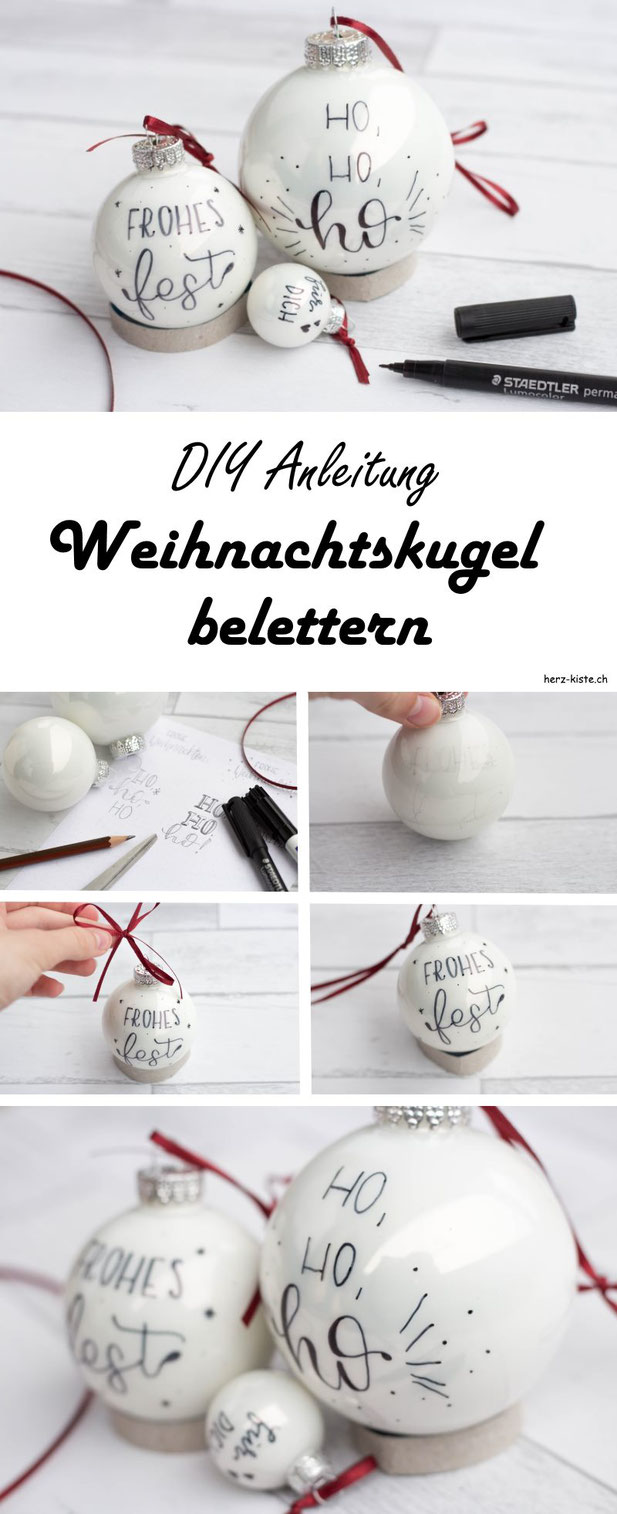 DIY Anleitung für Weihnachten: Wie du ganz einfach deine Weihnachtskugeln belettern kannst. Dank Handlettering ist dein Weihnachtsbaum bestimmt der schönste! Eine einfache aber wirkungsvolle DIY Idee.