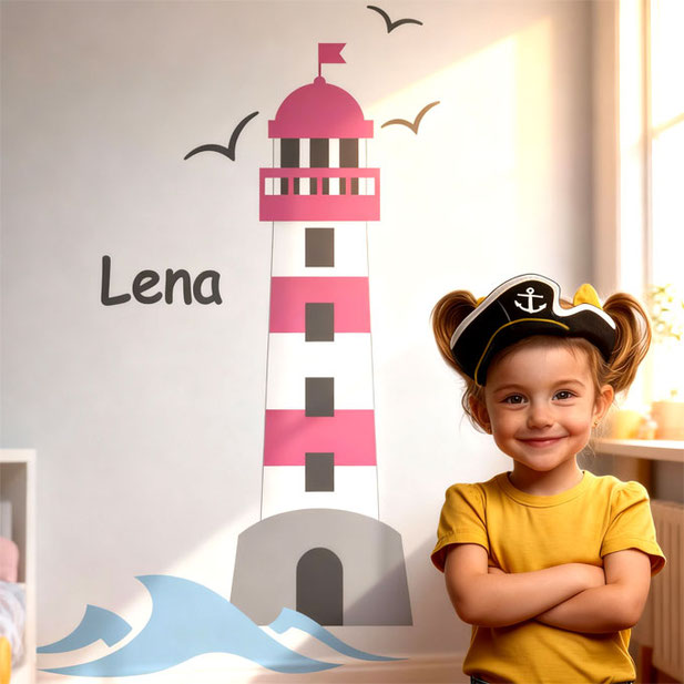 Wandaufkleber Leuchtturm  mit Möwen, Wellen - personalisierbar mit Wunschname