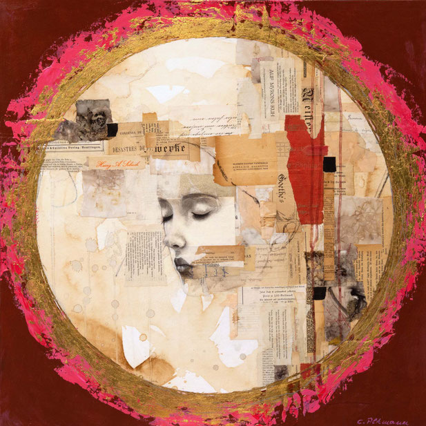 © Conni Altmann, "Auf Myrons Kuh", Mixed Media mit goldenem Schlagmetall auf Sperrholz, ca. 70 x 70 x 2 cm