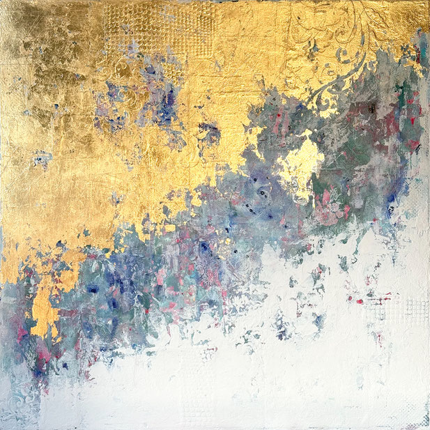 © Conni Altmann, Originalgemälde "A Sense of direction", Mischtechnik (Acryl, Collagematerial, Schlagmetall Gold) auf Sperrholz, ca. 80 x 80 x 2 cm