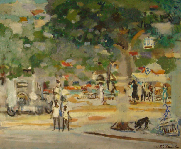 Jean Milhau, La place avec piétons et chien, 1960, signé et daté en bas à droite (490x600)