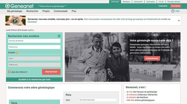 Page d'accueil du site Geneanet