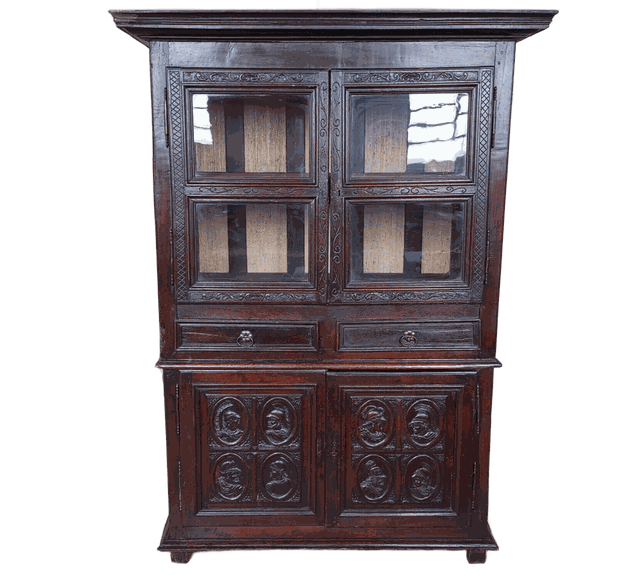 CREDENZA, BIBLIOTECA, VETRINA IN LEGNO DI ROVERE MASSELLO LUIGI XV INTEGRA E ORIGINALE DI EPOCA XVIII SECOLO RESTAURATA ALT.CM. 215 LARG.CM. 140 PROF.CM. 64