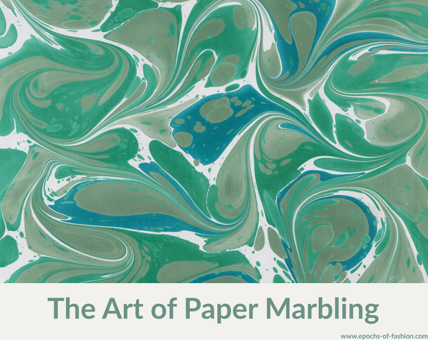 Image of marbled paper in green and blue, made by Epochs of Fashion
