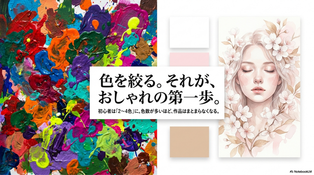 AIアートでは、配色によって作品の印象が大きく変わります。  同じ「花に囲まれた少女」というテーマでも、  淡いピンクと白ならやさしい印象になり、  青と紫なら幻想的な印象になり、黒と金なら高級感のある印象になります。