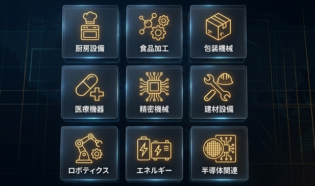 厨房設備・食品加工・梱包機械・医療器具・精密機械・建材設備・ロボティクス・エネルギー・半導体関連