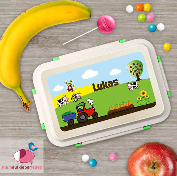 Brotdosenaufkleber 12 x 7 cm  - Motiv: Bauernhof - hochwertige PVC-freie Folie, ungiftige Farben - mit Namen personalisierbar