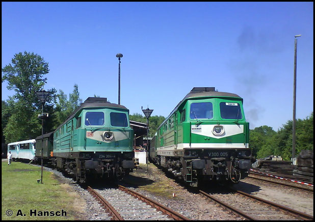 234 304-4 und 232 155-2 stehen am 24. Mai 2009 zum Bw-Fest in Schwarzenberg. Das Bild ist damals mit dem Handy geschossen worden