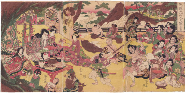 東京｜浮世絵販売　継古堂　勝川春亭　錦絵　武者絵　Keikodo Gallery Japanese woodblock prints for sale - Tokyo - Warrior prints - Minamoto no Yorimitsu et ses vassaux buvant du sake avec Shutendoji au Mont Oe