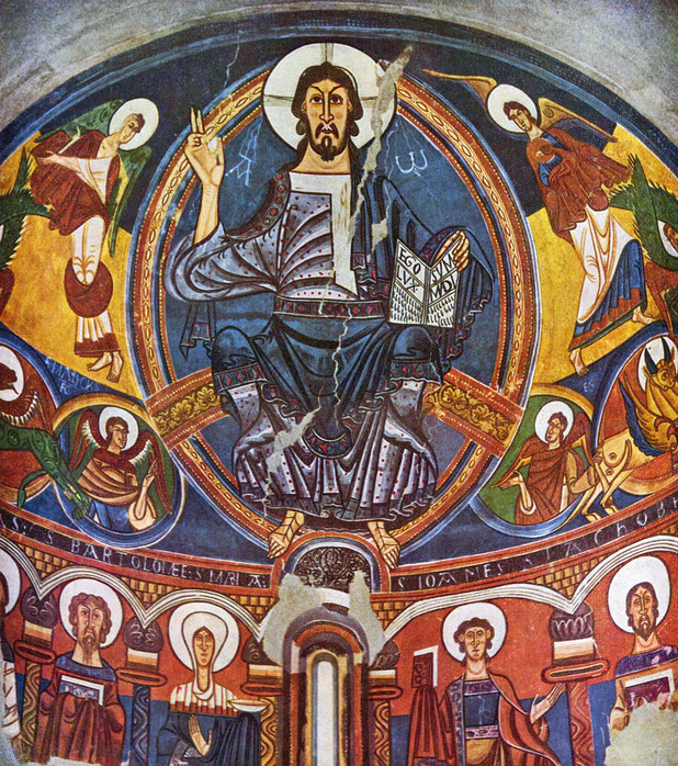 世界遺産「ボイ渓谷のカタルーニャ風ロマネスク様式教会群」、タウルのサント・クリメント教会、アプス上部の曲面に描かれたフレスコ画（復元）