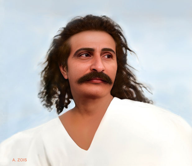 1927-8 . Trimmed image of Meher Baba at Meherabad. Image rendition by Anthony Zois.