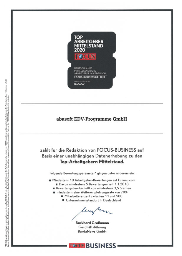 abasoft EDV-Programme Gmbh Focus Business Top Arbeitgeber Mittelstand 2020 kununu Bewertung positiv