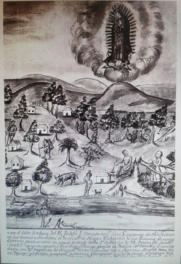 España. Ministerio de Educación, Cultura y Deporte. Archivo General de Indias. MP - Guatemala, 271. " Vista de la nueva población de San Fernando de Guadalupe en el Salto de Agua del rio Tulijá, su corriente a las lagunas de Chichicaste y de Términos"