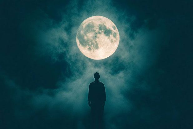 Silhouette eines Mannes, der vor einem Vollmond und einem dunklen Himmel steht. Die Szene hat eine geheimnisvolle, fantastische und filmische Atmosphäre.