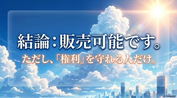ChatGPTで生成した画像は販売可能です。    ただし、  著作権や商標権、  肖像権などの権利侵害には十分注意する必要があります。