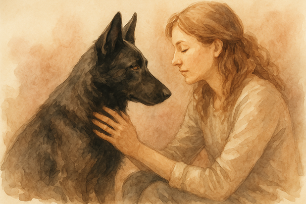 Hund und Therapeutin in ruhigem Kontakt – Ausdruck von Vertrauen, Achtsamkeit und intuitiver Verbindung in der Hundephysiotherapie.