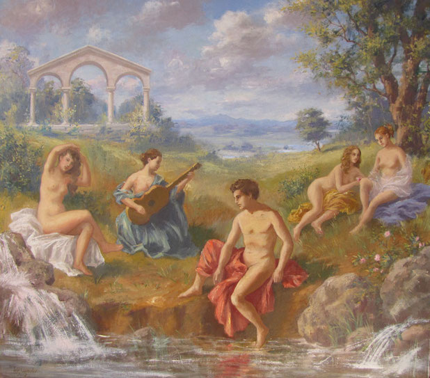 Tony Wahlander (Wåhlander) Composition de quatre femmes et un homme dans un paysage majestueux et classique