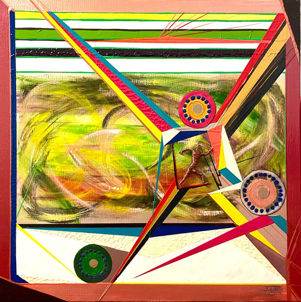 ”Dissoziation” – abstraktes Mixed-Media-Kunstwerk mit geometrischen Formen, leuchtenden Farben, Collage-Elementen und einer Drahtfigur im Zentrum, Ausdruck psychischer Fragmentierung und innerer Spannung.