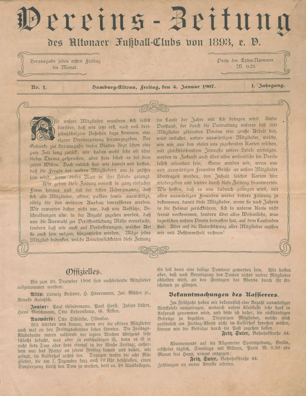 Die erste Ausgabe der "Vereins-Zeitung des Altonaer Fußball-Clubs von 1893, e. V. vom 4. Januar 1907