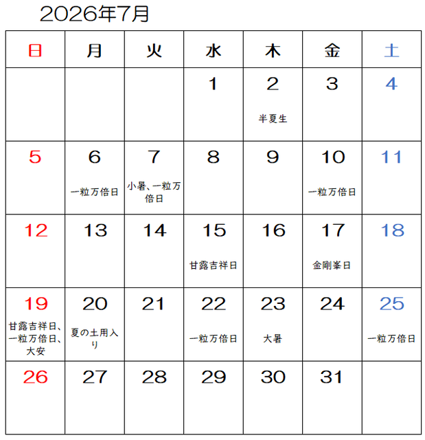 【2026年7月】九星気学と宿曜から見る毎日の運気
