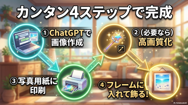 ① ChatGPTで画像作成  ↓  ② 必要なら高画質化  ↓  ③ ダイソーのA4写真用紙へ印刷  ↓  ④ ダイソーのA4フレームへ入れる  これだけでオリジナルのインテリアアートが完成します。