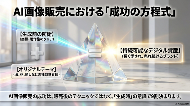 AI画像を安全に販売するためには、  販売後ではなく生成時から著作権や商標権を意識することが重要です。