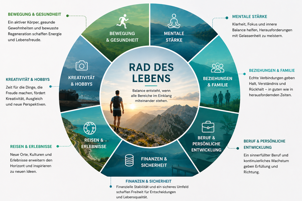 Das Rad des Lebens als ganzheitliches Modell für Gesundheit, Bewegung, Finanzen, Beruf, Beziehungen und persönliche Balance.