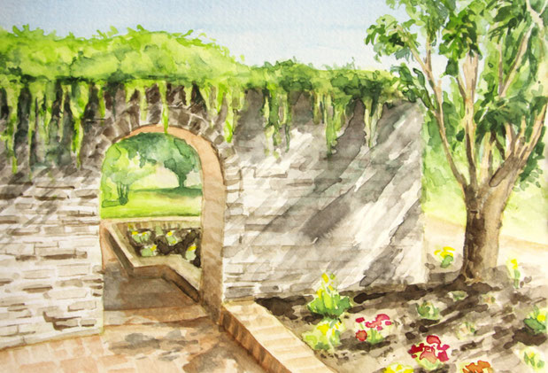 Aquarellstudie "Torbogen im Nürnberger Stadtpark": überwucherte Steinmauer mit Torbogen, links ein Beet mit blühenden Blumen und einem Baum