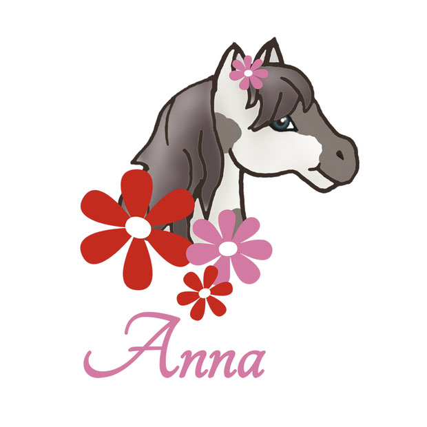 Türaufkleber Pony mit Blumen, mit Wunschname personalisierbar