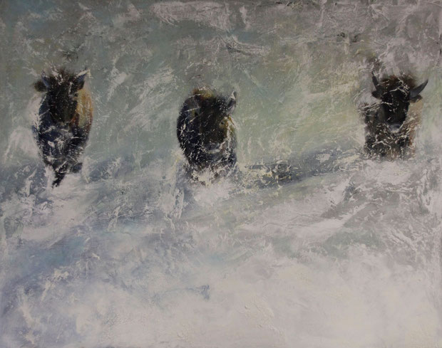 Running Buffalos, Mischtechnik auf Leinwand, 60x80 Verkauft