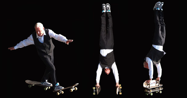 Eddie Haak. Tricks: Two-Board-Wheelie. Two-Board-Handstand. Three-Board-Handstand.