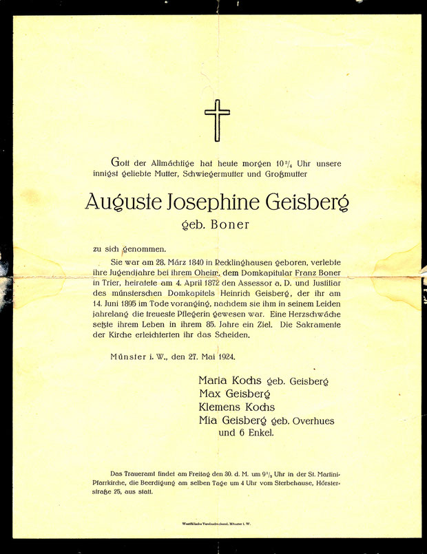 Todesanzeige der Mutter Auguste Geisberg