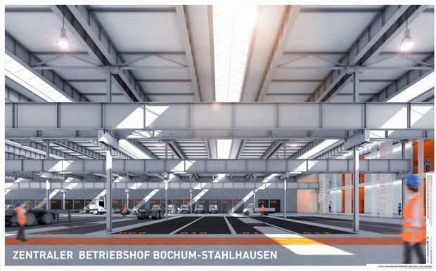 Zentraler Betriebshof Bochum-Stahlhausen, Visualisierung einer Fertigungshalle, Drahtler Architekten 2016