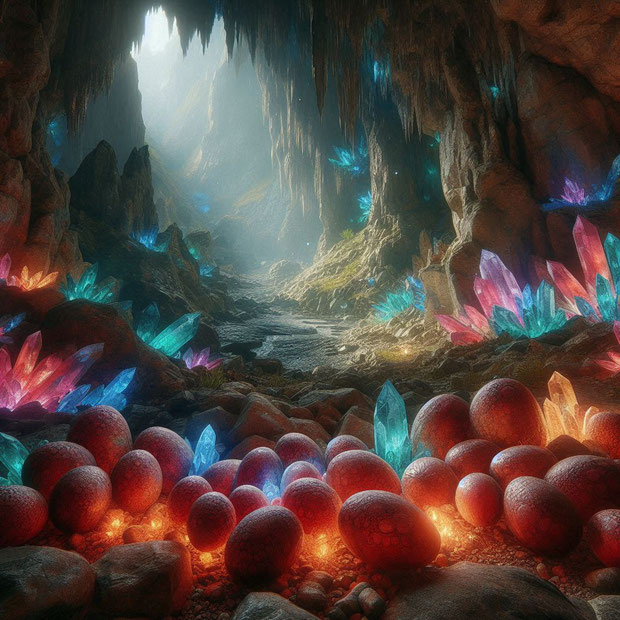 Eine Höhle, in der Kristalle in unterschiedlichen Farben leuchten. Auf dem Boden liegen rötliche geschuppte Dracheneier, einige davon sind aufgebrochen. Erstellt mit Microsoft Designer.
