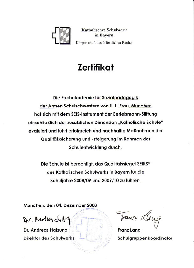 1. Zertifikat nach dem Evaluationsdurchgang 2008
