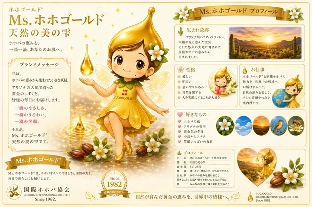 ホホゴールド®公式マスコット「Ms.ホホゴールド® 天然の美の雫」のプロフィール紹介画像。アリゾナ州ハクアハラヴァレーの自然を背景に、ホホバのしずくを手にした妖精のキャラクターが描かれ、生まれ故郷や性格、好きなもの、夢などを紹介。原種ホホバの恵みと自然への感謝、ホホゴールド®ブランドの世界観を表現した公式プロフィールビジュアル。
