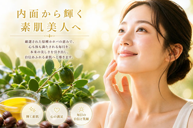 純粋種Sayuri原種ホホバオイルを使用したスキンケアで内面から輝く素肌美人のイメージ。自然光の中で輝く女性の肌とホホバオイル　Radiant natural skin beauty with JOJOGOLD jojoba oil, glowing healthy skin skincare concept