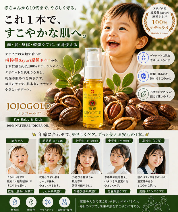 アリゾナ産純粋種Sayuri原種ホホバを使用したJOJOGOLDホホバオイルの広告画像。ホホバの葉と種を背景に、赤ちゃんから高校生まで年代別にやさしいスキンケアを紹介し、保湿・乾燥ケア・低刺激性を表現している。